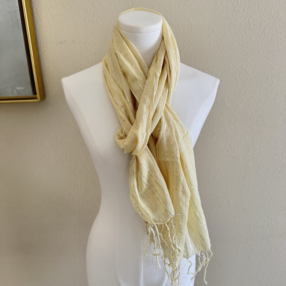 Boho Scarf Wrap Yellow Metallic Silver Cotton Fringe Festival Hippie India New - Picture 3 of 6